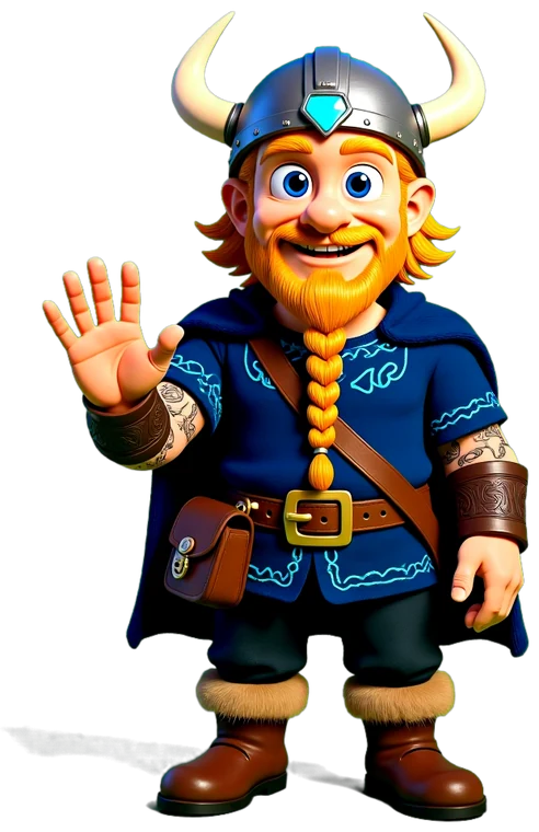 Bjørn, the LingoVik Viking teacher, waving hello